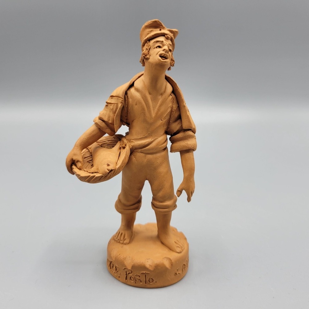 Vintage Terracotta Fisherman Figurine Signed Catania O.Vel. Porto Italy